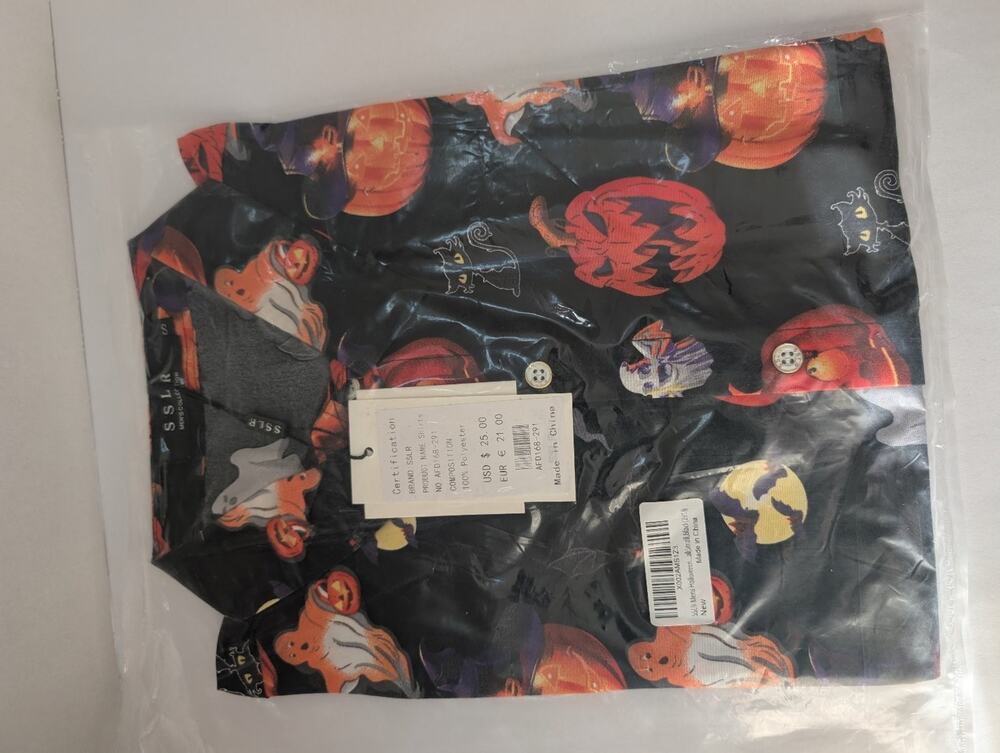 Unisex Halloween Button-Up Shirt Spooky Pumpkin Ghost Bat Print Costume Top L